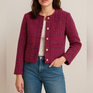 J.Crew Pink Tweed Lady Jacket Size 2 Gold Crest Buttons Cropped Blazer BS928 New